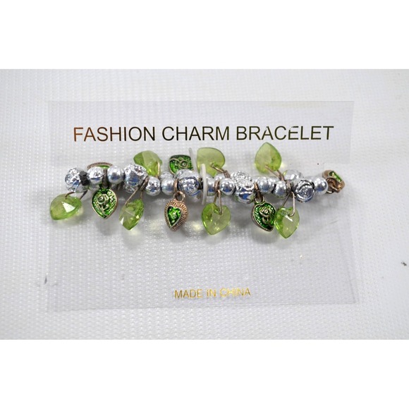 Vintage Silver Tone Stretch Charm Bracelet Green Faceted Hearts‎ Metal Hearts - Picture 1 of 7